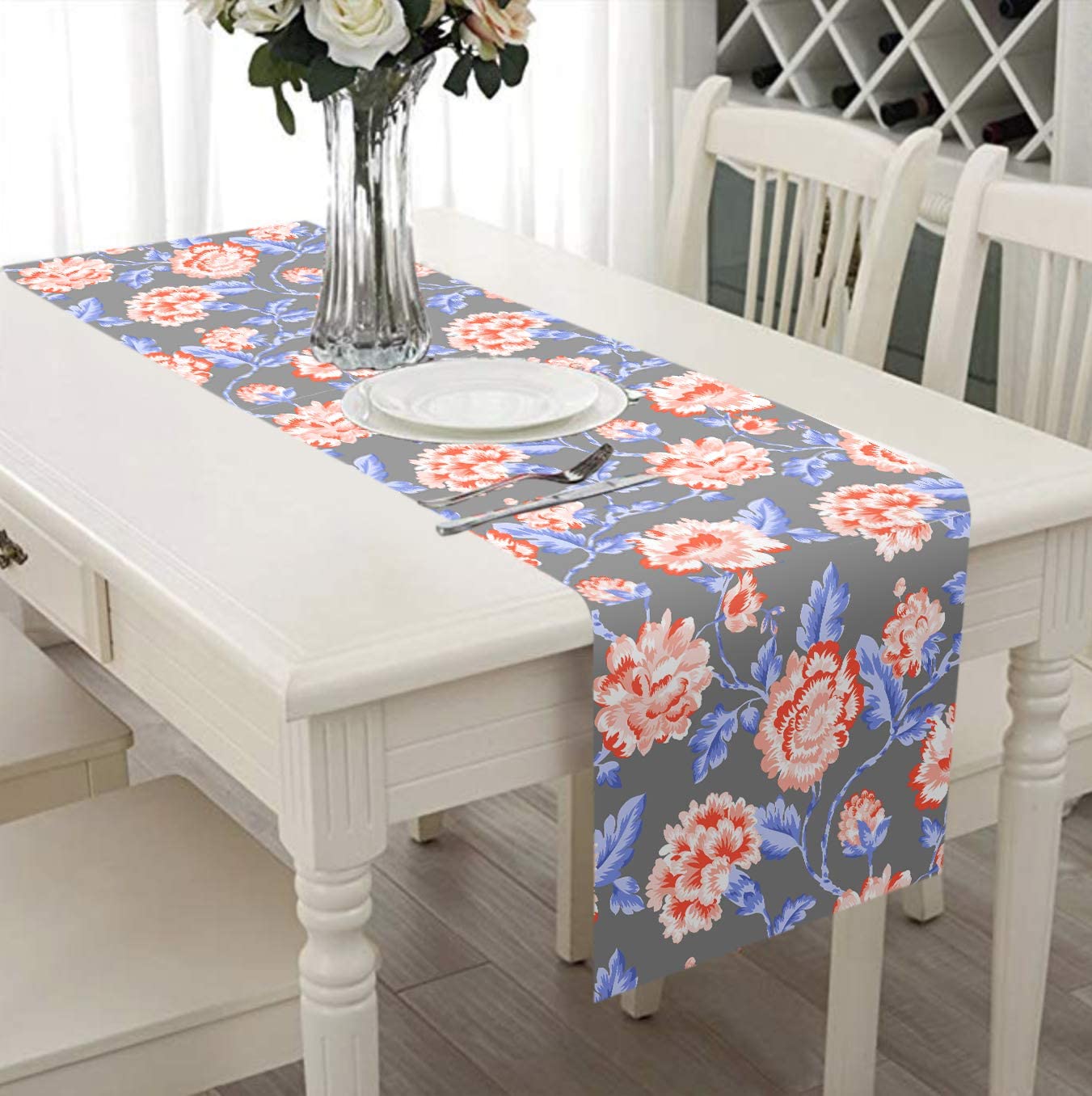 Printed Table Runner - Gray and Red by Decozen