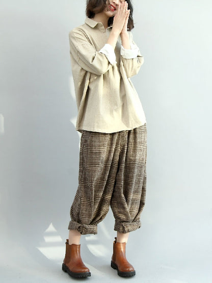 Vintage Loose Wide Leg Checkered Elastic Waist Pants by migunica