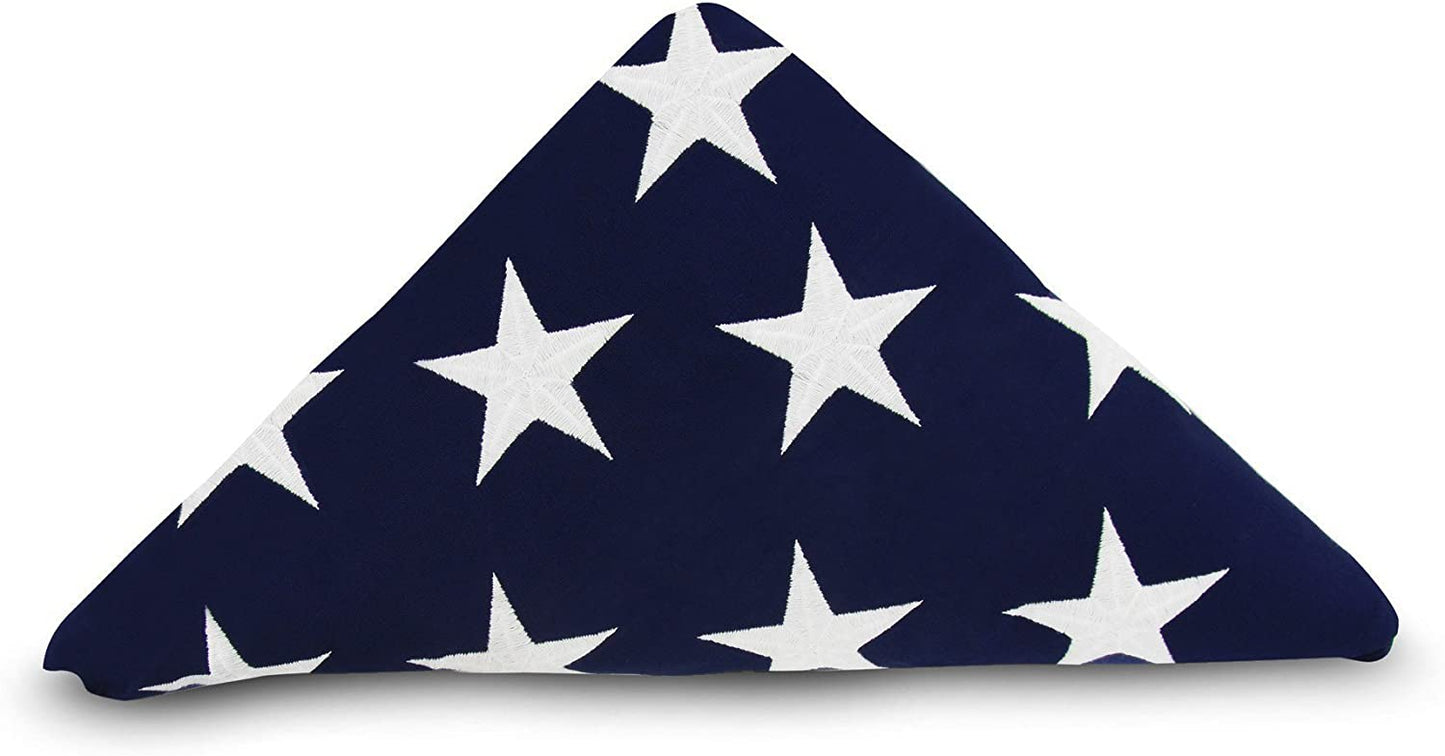 Pre Folded Memorial Flag American US Flag 5x9.5 Foot Heavy Duty Cotton For Veteran - Embroidered Stars and Sewn Stripes - 4 Rows of Lock Stitching - USA Flags with Brass Grommets comes pre folded by The Military Gift Store