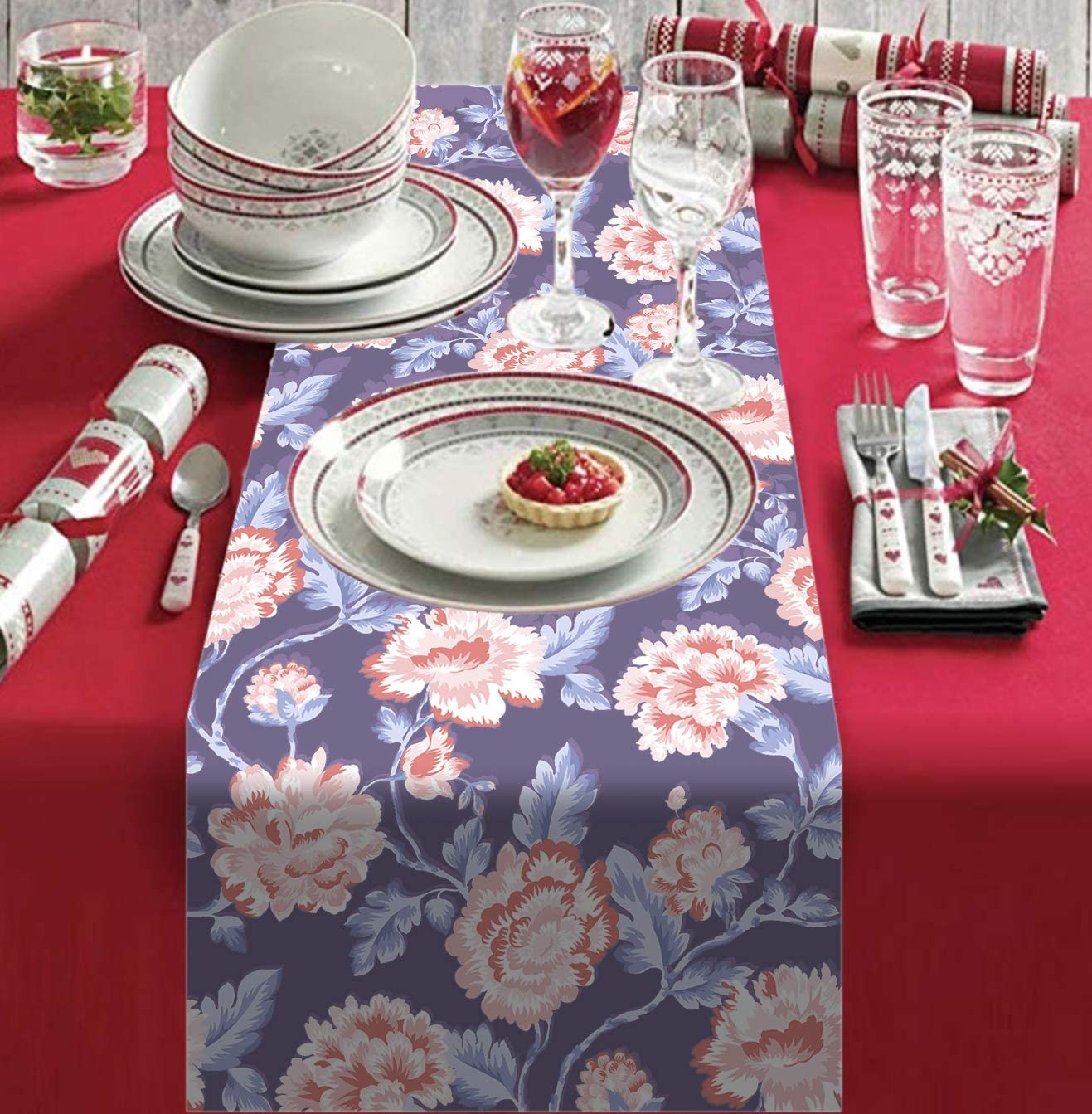 Printed Table Runner - Gray and Red by Decozen