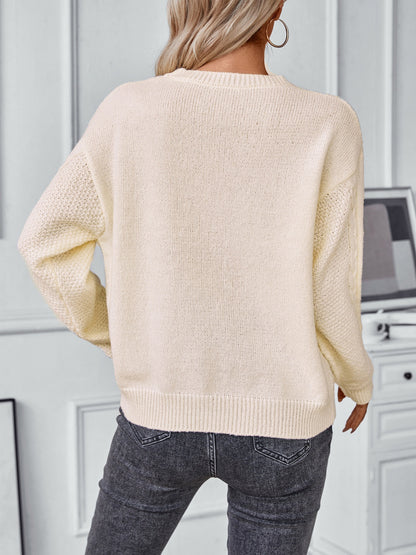 Openwork Cable-Knit Round Neck Long Sleeve Sweater