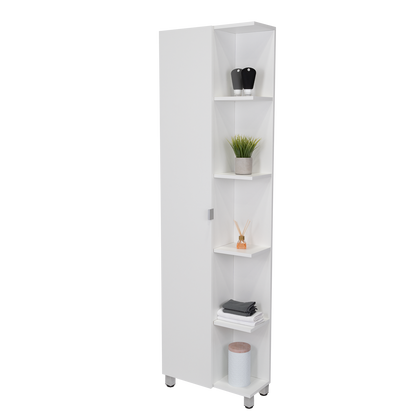 Corner Cabinet Womppi, Five Open Shelves, Single Door, White Finish