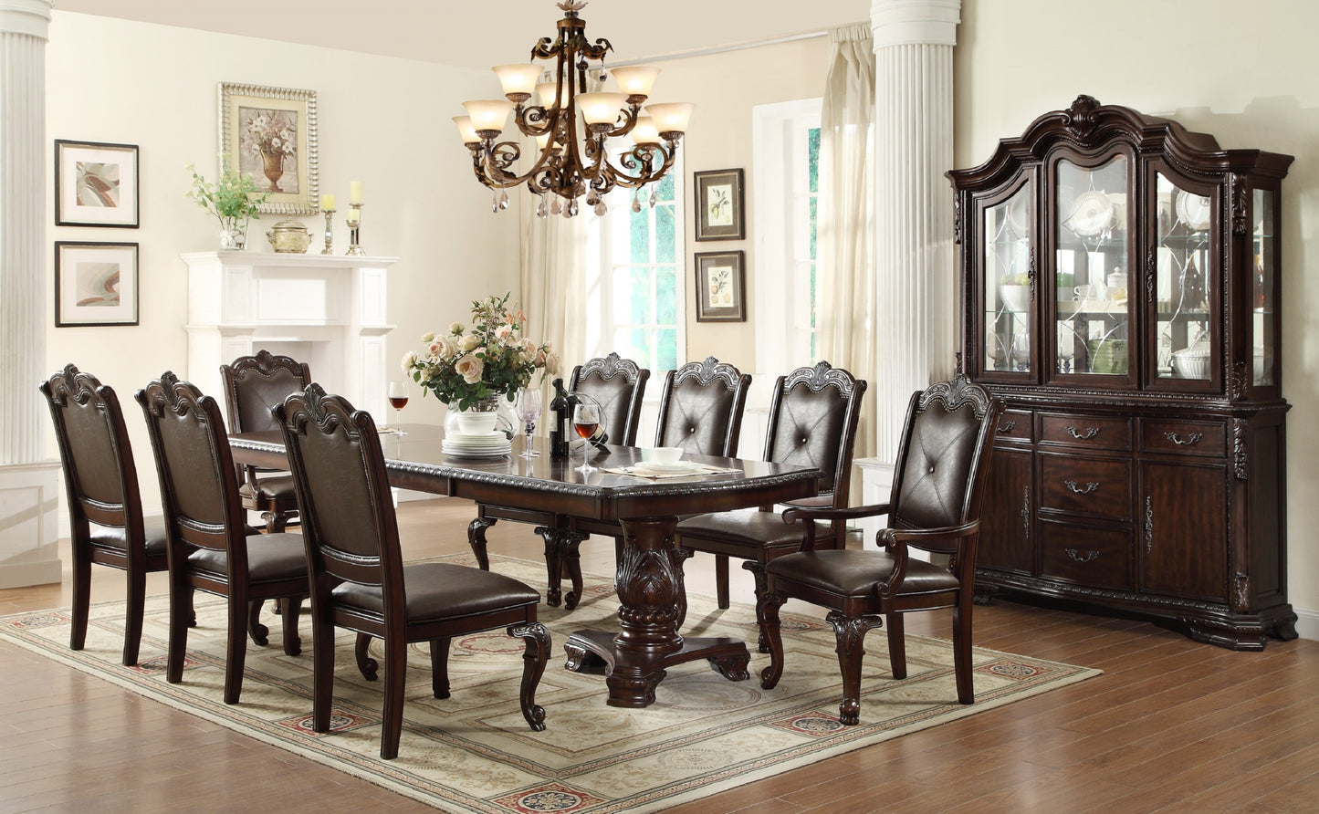 Beautiful Hand Carved Formal Traditional Dining Side Chair with Faux Leather Upholstered Padded Seat and Back Button Tufting Detail Dining Room Solid Wood Furniture Brown Espresso