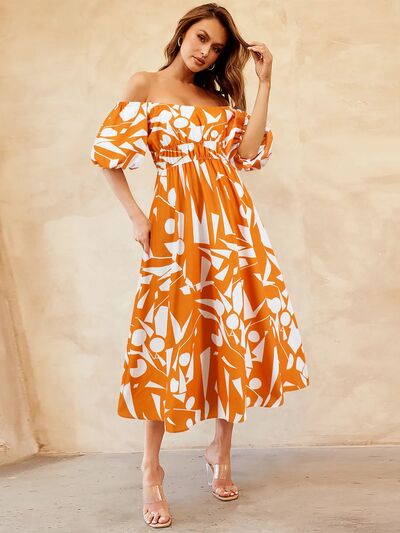 Printed Off-Shoulder Balloon Sleeve Dress by BlakWardrob