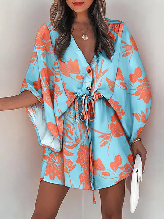 Original Loose Floral Printed Contrast Color Tied Mini Shirt Dress by migunica