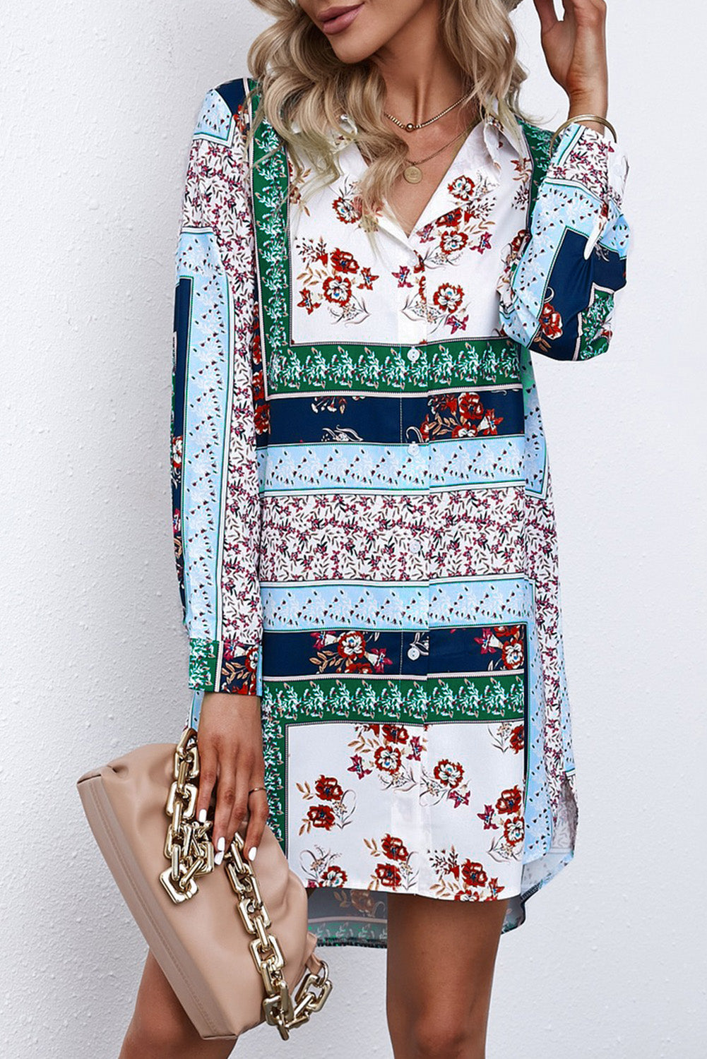 Printed Button Up Long Sleeve Shirt Dress by BlakWardrob