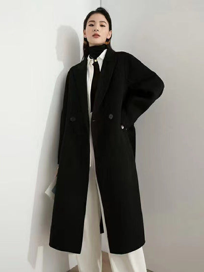 Office Belted Solid Color Notched Collar Wool Overcoat by migunica