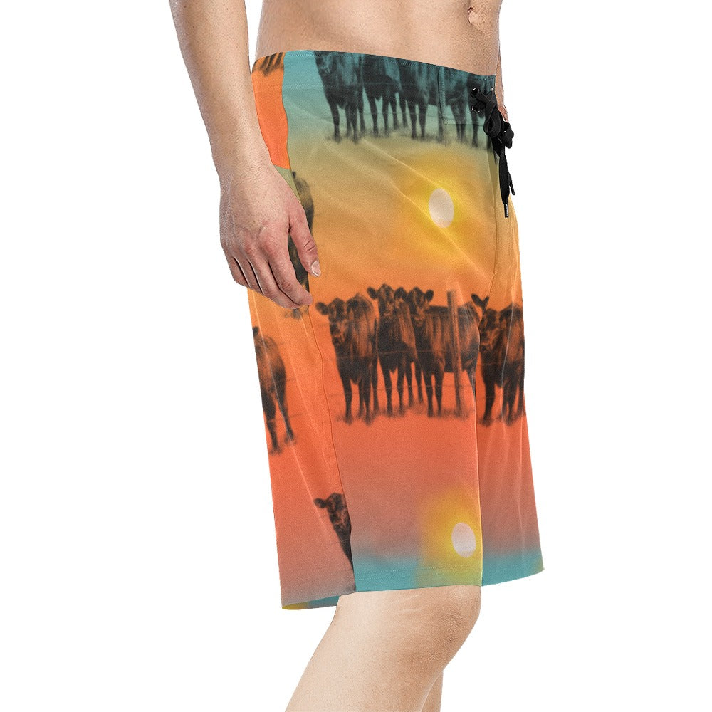 Sunset Cattle Ranch Men's Beach Board Shorts by Baha Ranch Western Wear