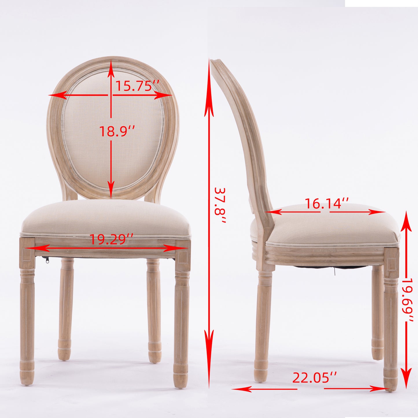 French Style Solid Wood Frame Antique Painting Linen Fabric Oval Back Dining Chair,Set of 2,Cream
