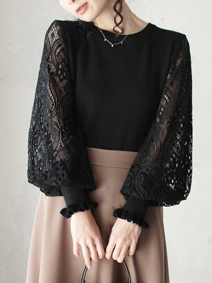 Original Loose Hollow Lace Round-Neck Long Puff Sleeves Sweater Pullovers by migunica