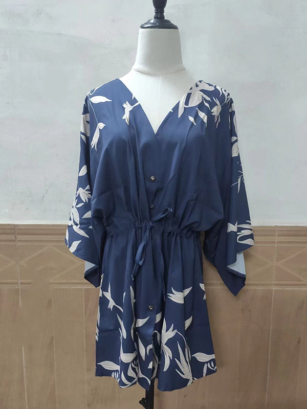 Original Loose Floral Printed Contrast Color Tied Buttoned Mini Shirt Dress by migunica