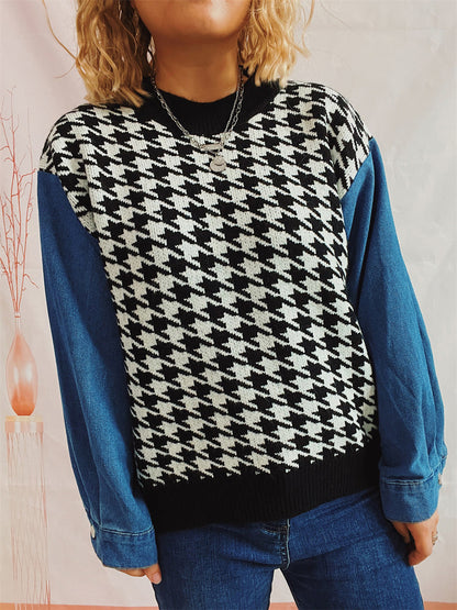 Houndstooth Denim Sleeve Sweater