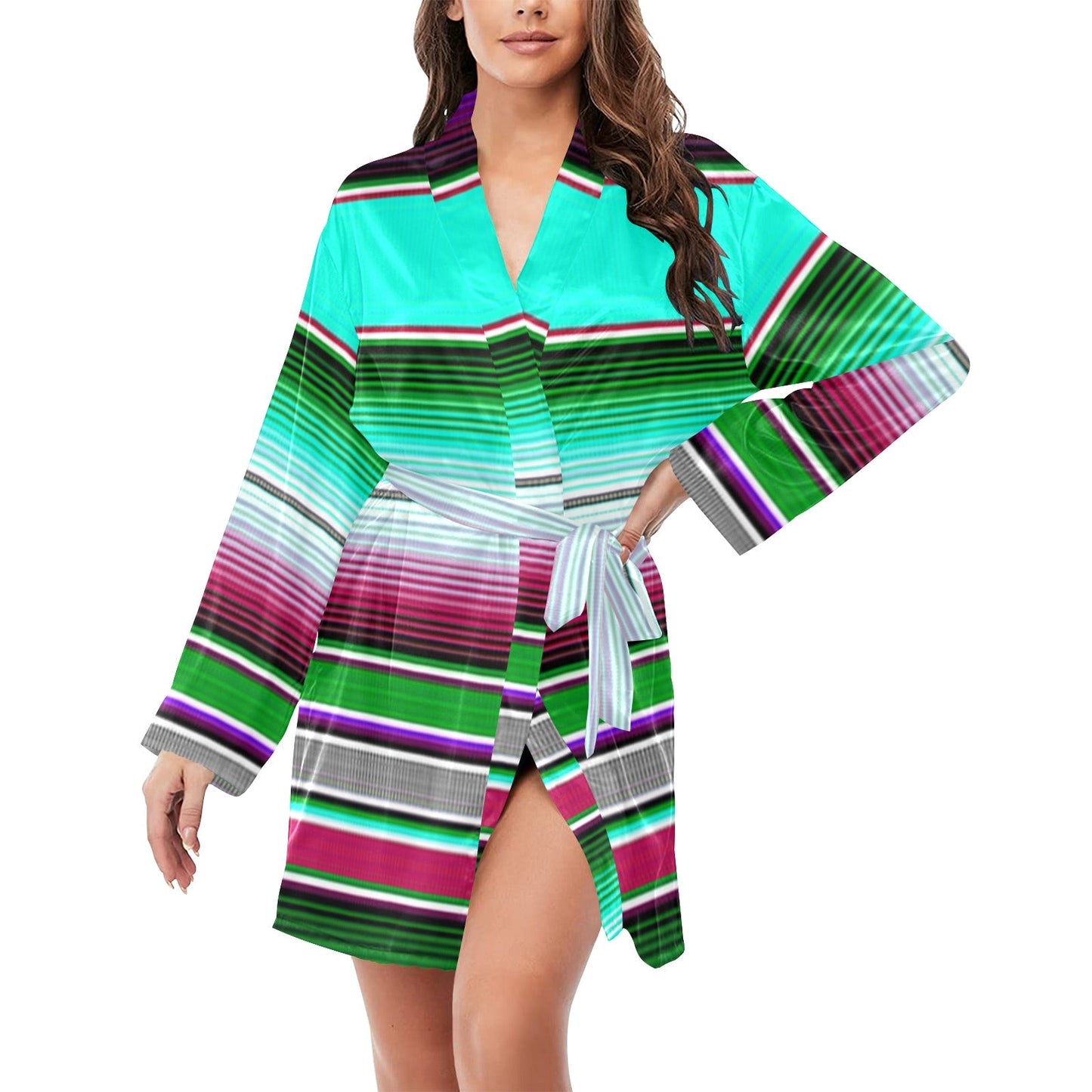 Turquoise Serape Women's Belted Satin Feel Dressing Lounge Robe by Baha Ranch Western Wear