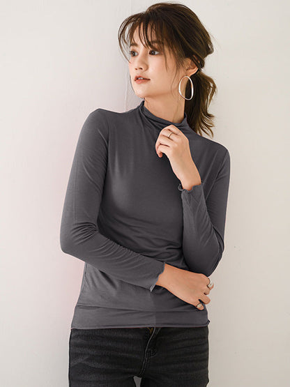 10 Colors Simple Solid Color Long Sleeves High-Neck T-Shirt Top by migunica