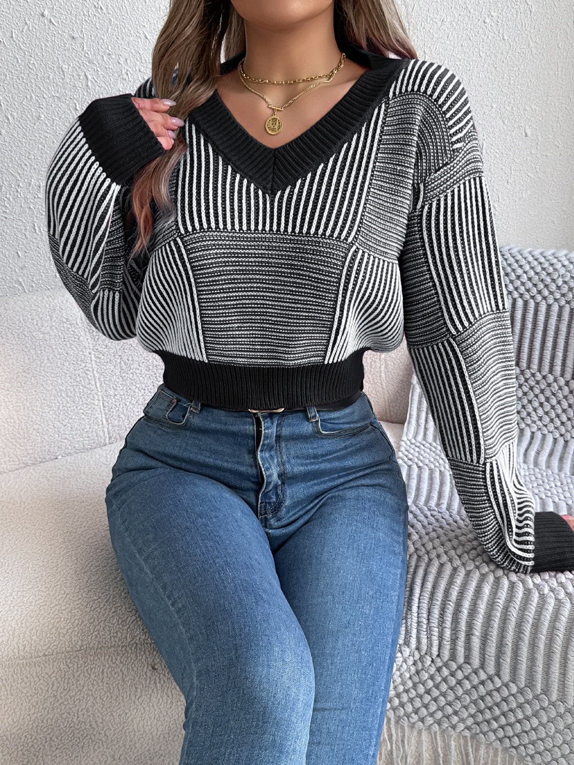 Striped V-Neck Long Sleeve Sweater