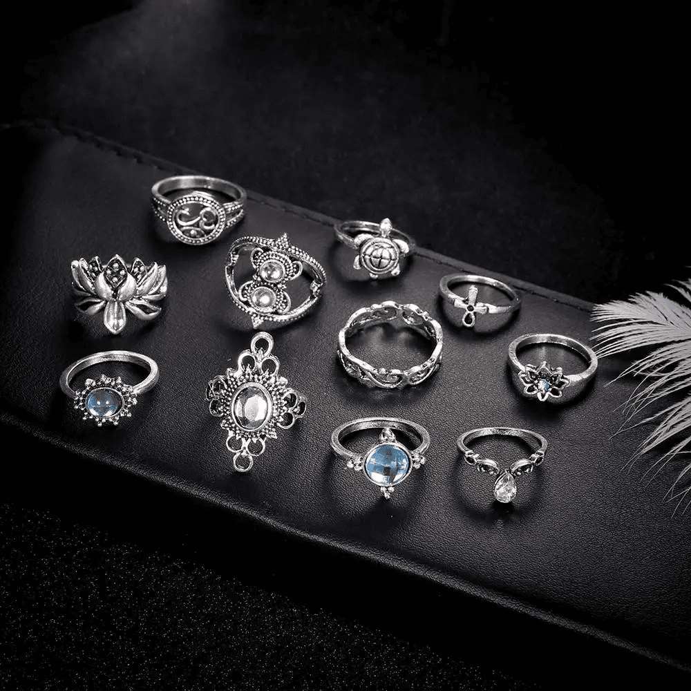 Blue Lotus Vintage Women's 11 piece Rings Set by Fashion Hut Jewelry