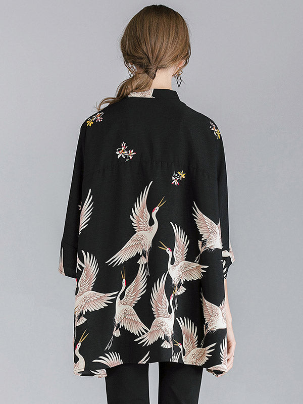 Original Crane Printed Buttoned Stand Collar Half Sleeves Blouse by migunica