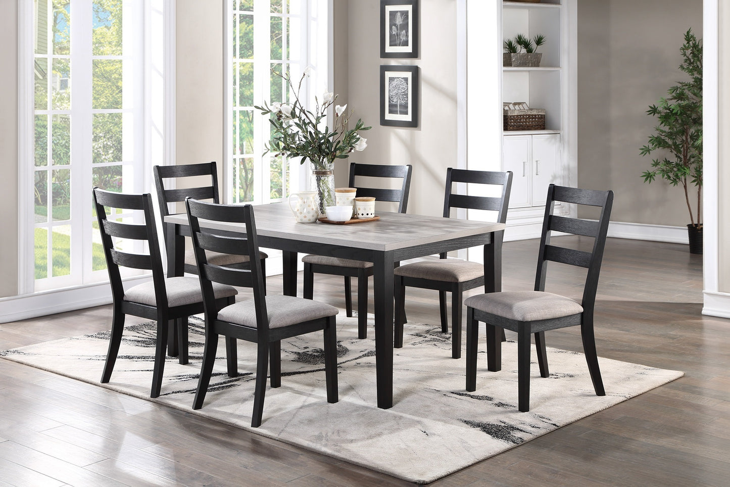 Natural Simple Wooden Table Top 7pc Dining Set Dining Room Furniture Ladder back Side Chairs Cushion Seat