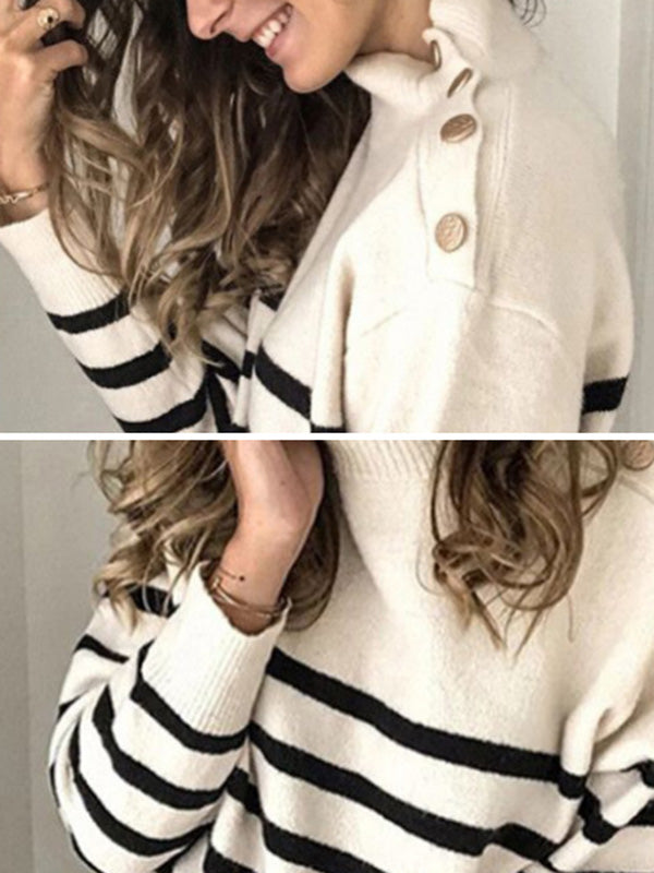 Original Loose Striped Buttoned High-Neck Long Sleeves Sweater Top by migunica