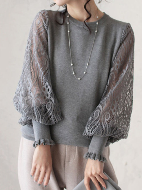 Original Loose Hollow Lace Round-Neck Long Puff Sleeves Sweater Pullovers by migunica