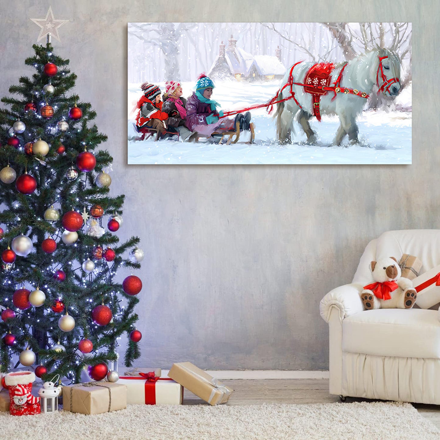 Framed Canvas Wall Art Decor Painting For Chrismas,  Kids on White Horse Sledge Painting For Chrismas Gift, Decoration For Chrismas Eve Office Living Room, Bedroom Decor-Ready To Hang