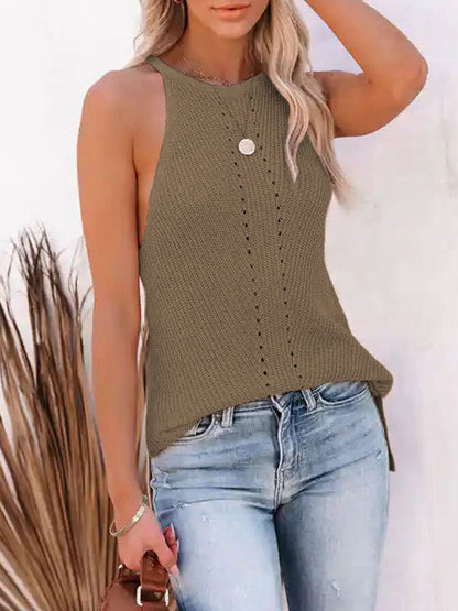 Loose Sleeveless Hollow Solid Color Spaghetti-Neck Vest Top by migunica