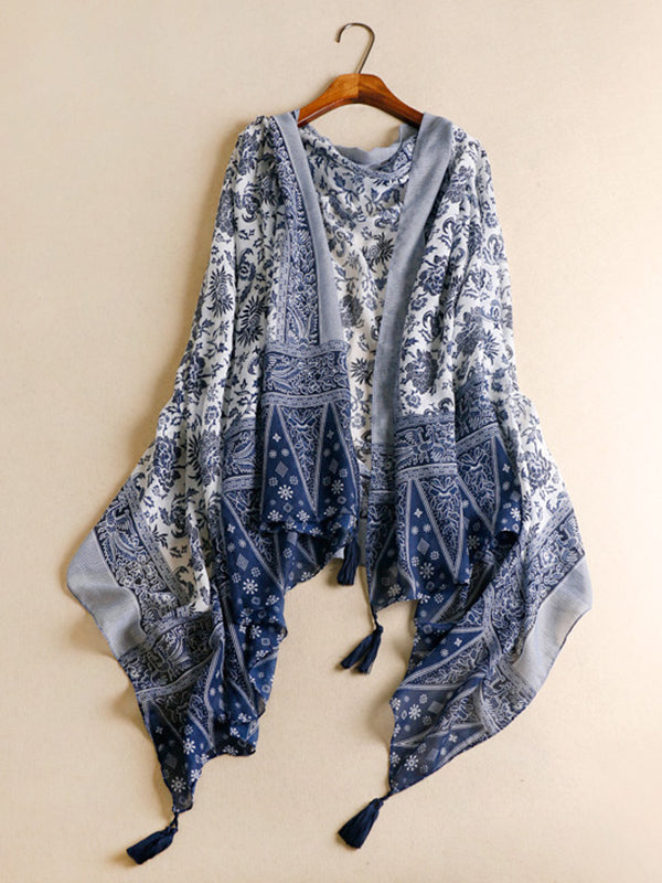 Printed Blue-And-White Sun-Protection Tasseled Shawl&Scarf by migunica