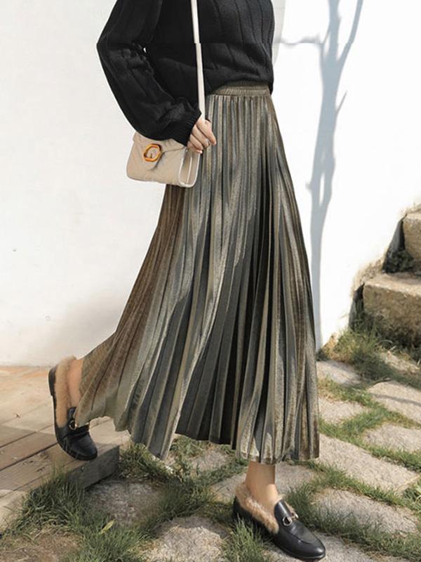 Solid Color High-Waist Pleated A-Line Skirt by migunica