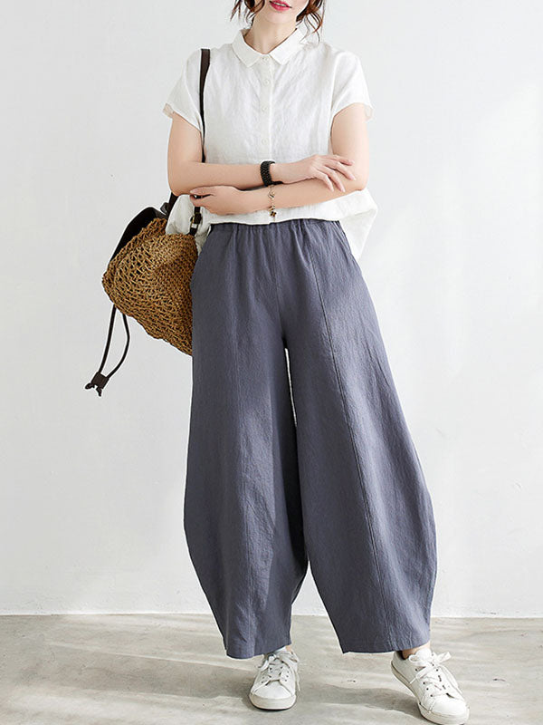 Wide Leg Loose Elasticity Solid Color Casual Pants Bottoms by migunica