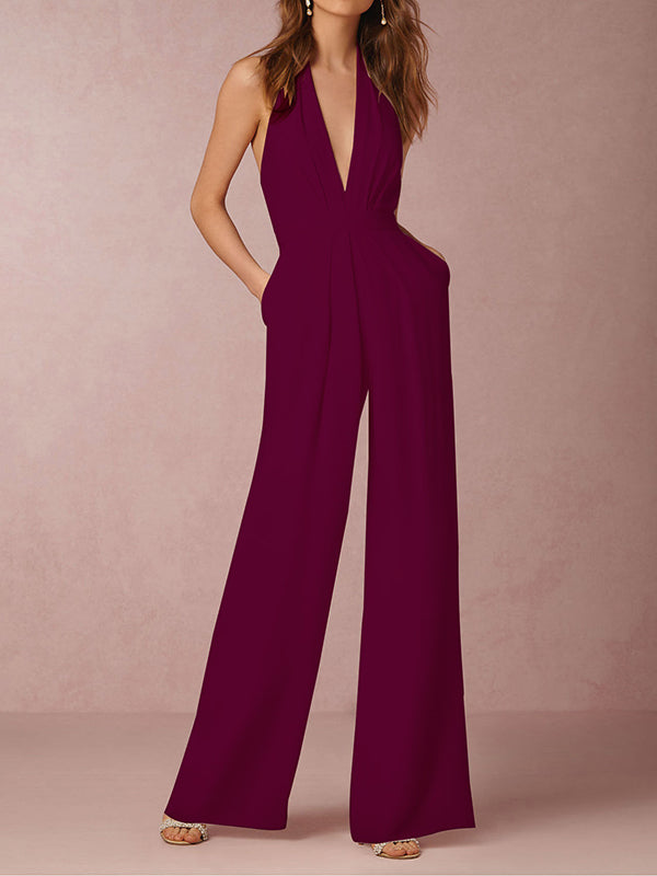 Sleeveless Wide Leg Backless Solid Color Halter-Neck Jumpsuits by migunica