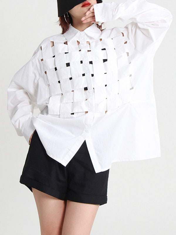 Original Loose Puff Sleeves Buttoned Hollow Solid Color Lapel Collar Blouses&Shirts Tops by migunica