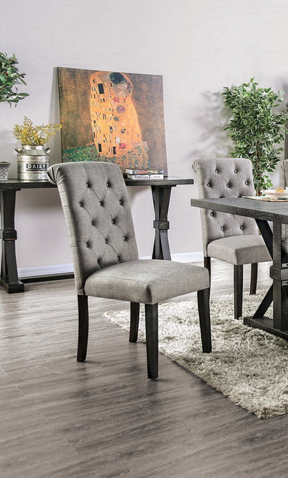 Classic Antique Black / Light Gray Set of 2 Side Chairs Button Tufted Linen Like Fabric Solid wood Chair Upholstered Scroll Back Kitchen Rustic Dining Room Furniture