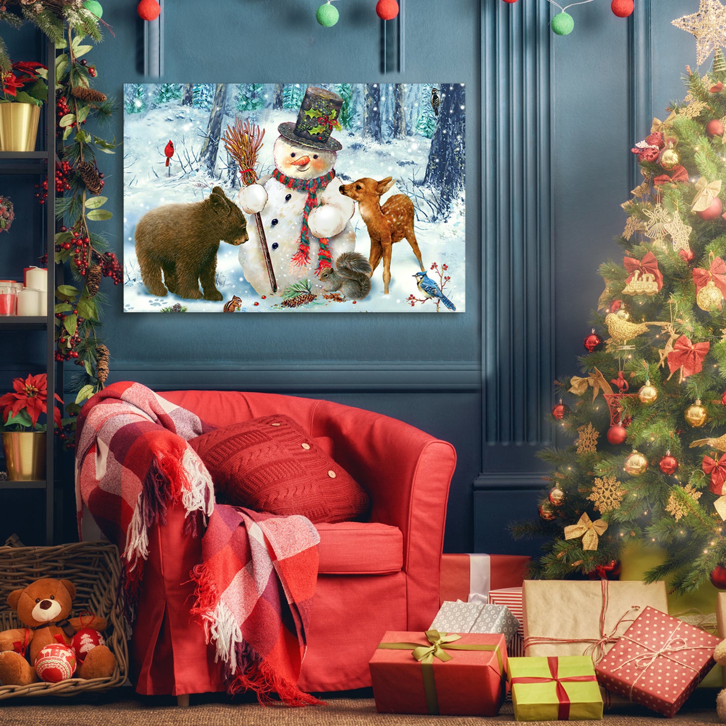 Framed Canvas Wall Art Decor Painting For Chrismas, Cute Snowman with Bear Deer Chrismas Gift Painting For Chrismas Gift, Decoration For Chrismas Eve Office Living Room, Bedroom Decor-Ready To Hang