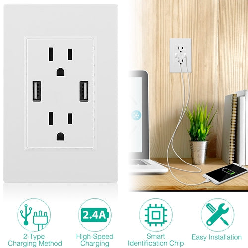 USB Wall Outlet Dual 2.4A USB Wall Charger High Speed Duplex Wall Socket US Standard - White by VYSN