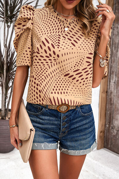 Tied Printed Puff Sleeve Blouse by migunica