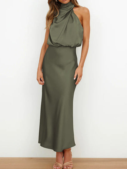 Sleeveless Solid Color Halter-Neck Midi Dresses by migunica