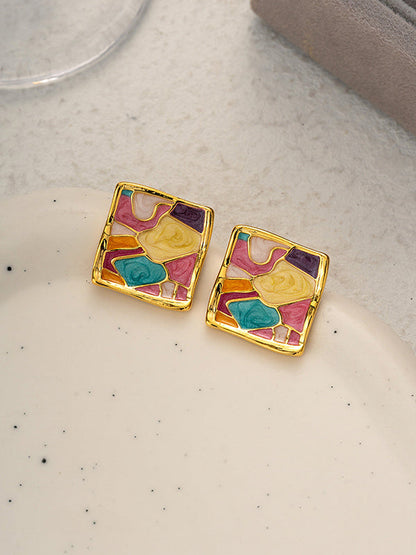 Multi-Colored Enamel Oil Painting Style Square Earrings by migunica