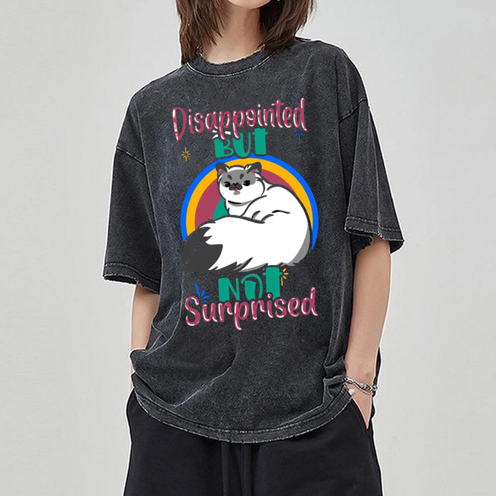 Unisex Disappointed But Not Surprised Cat Printed Retro Washed Short Sleeved T-Shirt by migunica