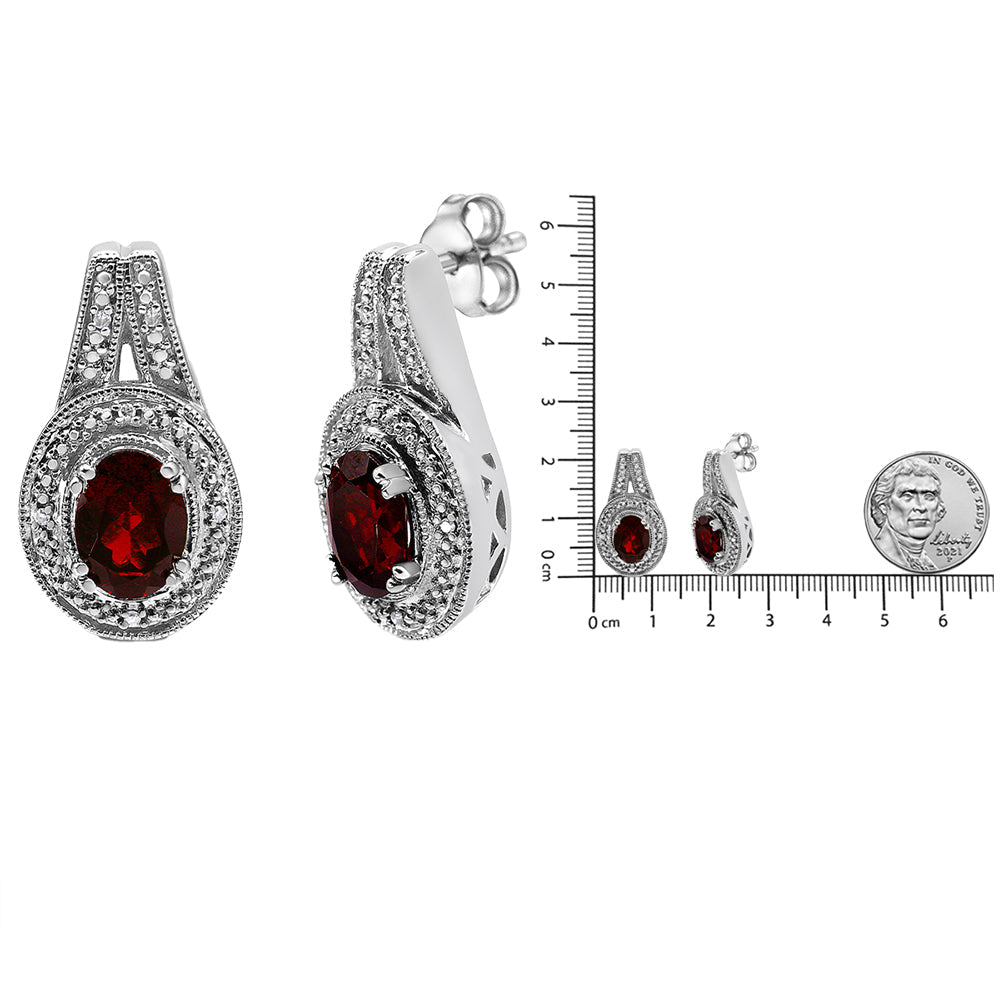 .925 Sterling Silver Diamond Accent and 8x6mm Red Oval Garnet Stud Earrings (I-J Color, I1-I2 Clarity) by Infinite Jewels