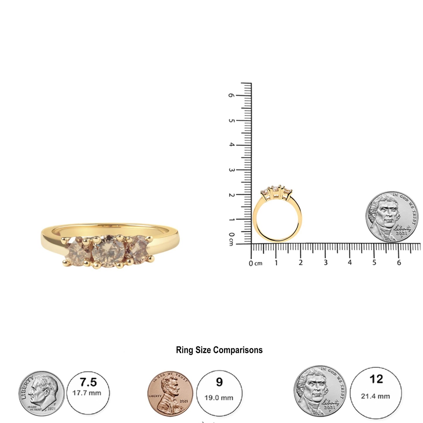 10K Yellow Gold 1.00 Cttw Champagne Diamond 3-Stone Band Ring (J-K Color, I1-I2 Clarity) by Infinite Jewels