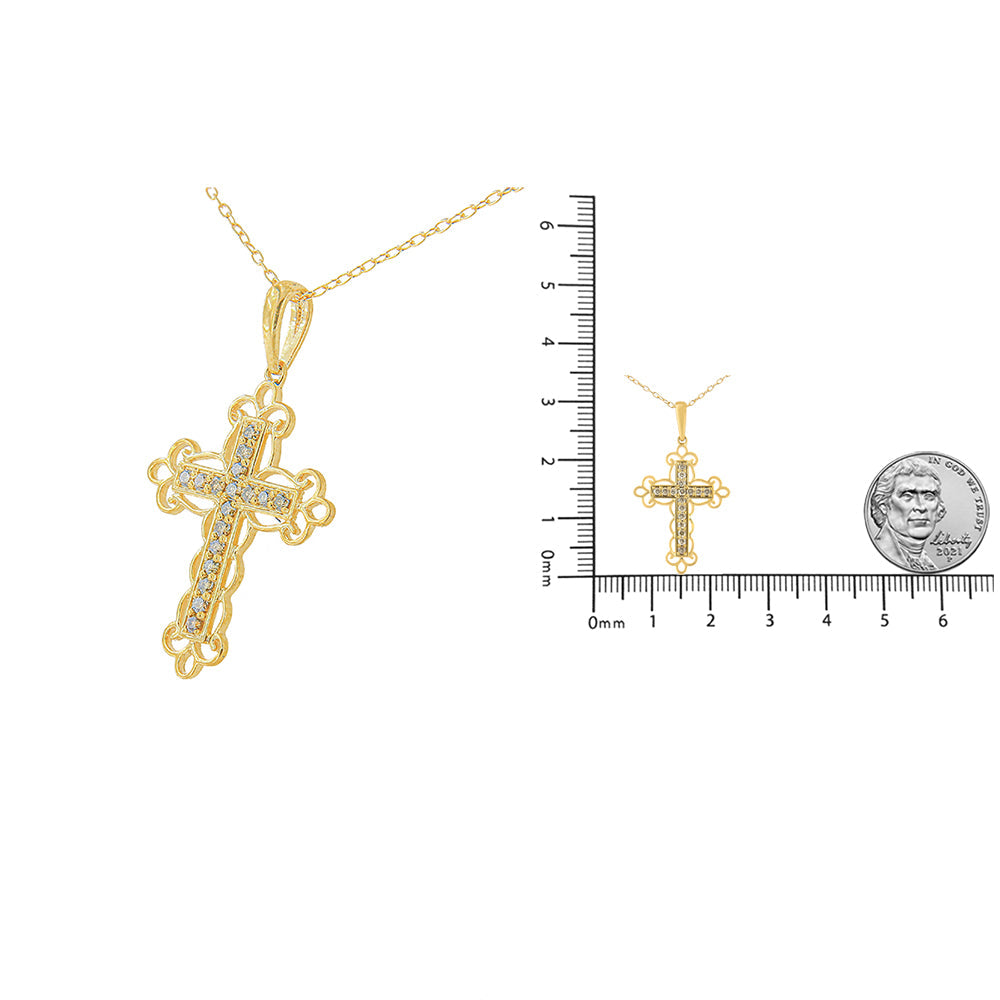 10K Yellow Flashed .925 Sterling Silver 1/4 Cttw Champagne Diamond Filigree Cross Pendant Necklace (K-L Color, I1-I2 Clarity) - 18" by Infinite Jewels