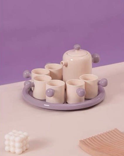 Cute Whimsical Dopamine Bauhaus Tea Pot & Tea Cups Set Of 8 Pcs - Handmade Ceramic Teaset Gift Box by INSPECIAL HOME