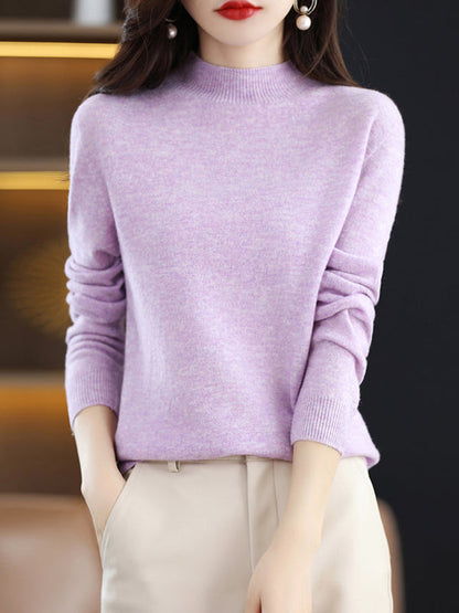 Office Long Sleeves Solid Color High-Neck Sweater Tops Pullovers by migunica