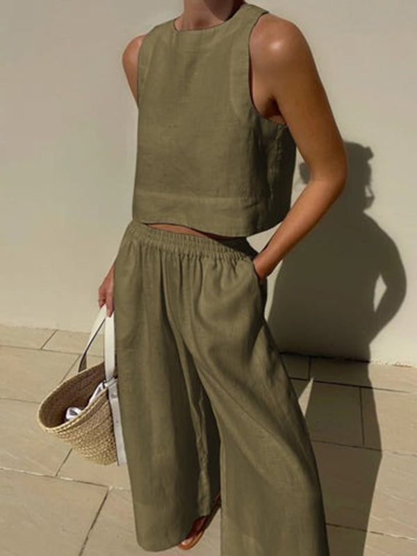 Solid Color Round-Neck Sleeveless Vest + Elasticity Wide Leg Pants Two Pieces Set by migunica