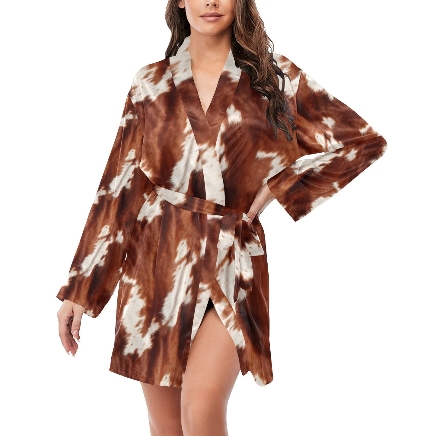 Brown Cow Print Women's Long Sleeve Belted Satin Feel Dressing Lounge Robe by Baha Ranch Western Wear