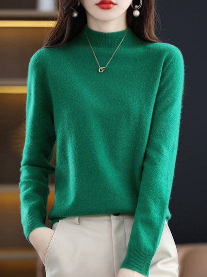 Office Long Sleeves Solid Color High-Neck Sweater Tops Pullovers by migunica