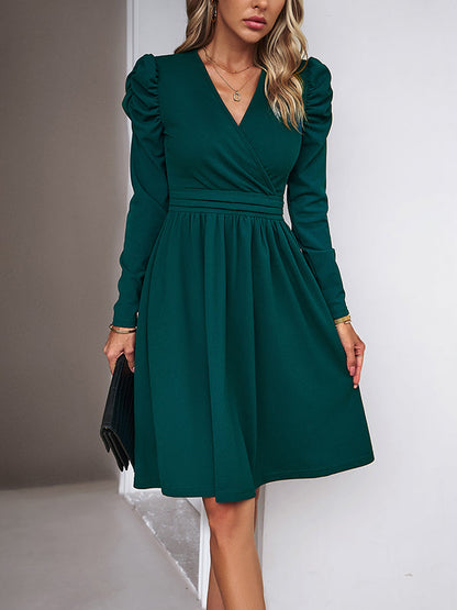 Puff Sleeves Skinny Pleated Solid Color Split-Joint V-Neck Midi Dresses by migunica