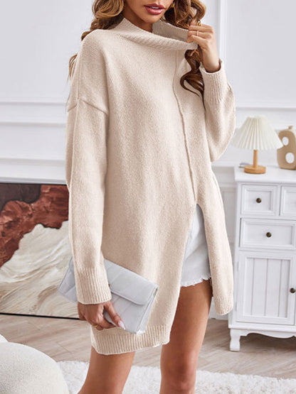 Long Sleeves Loose Solid Color Split-Front Velvet Mock Neck Pullovers Sweater Tops by migunica