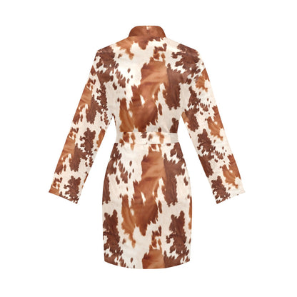 Light Brown Cow Print Women's Long Sleeve Belted Satin Feel Dressing Lounge Robe by Baha Ranch Western Wear