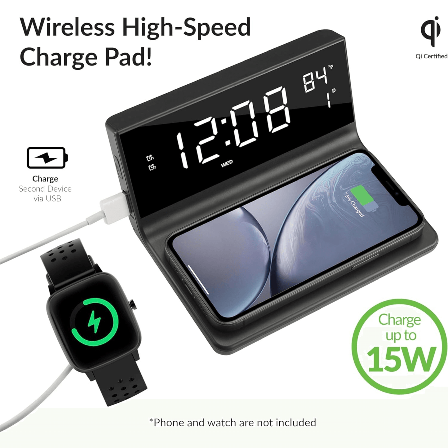 Supersonic Dual Alarm Clock with 2-in-1 Wireless Charger by Jupiter Gear Home